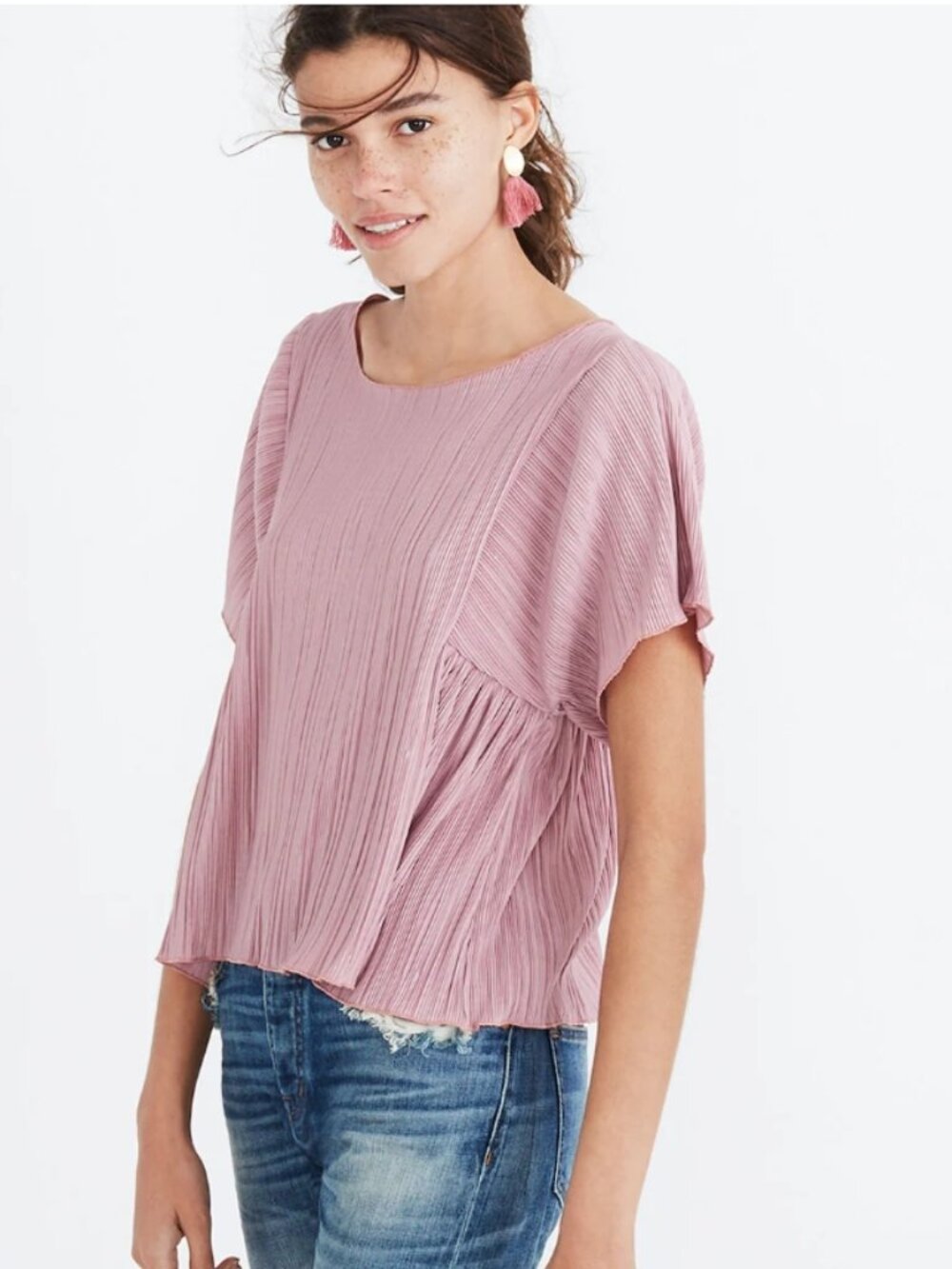 MADEWELL Texture & Thread Micropleat Top Sz XL Mauve Pink Accordion Fold Shirt